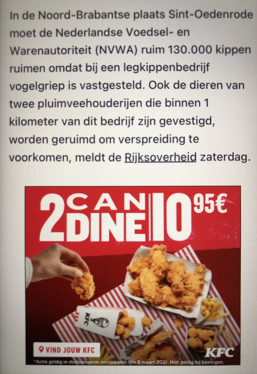 Algoritme? Ironie?
Ik ben nog nooit bij KFC geweest. Ik heb nog nooit een advertentie van KFC aangeklikt.
