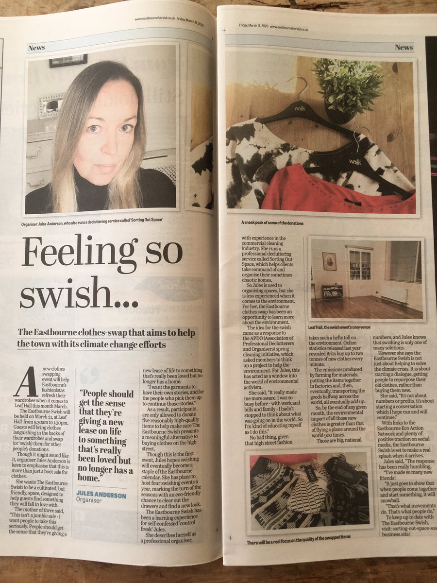 SortingOutSpace's tweet photo. An article from The Eastbourne Herald last March, just before life would never be the same again! I’m VERY hopeful this postponed Swish will take place later in 2021 #clotheswap #sustainablefashion #ClimateCrisis #secondhand #refashioned #reuse #recycle 

https://t.co/puksvqbrUb https://t.co/qiQbfKpsE3