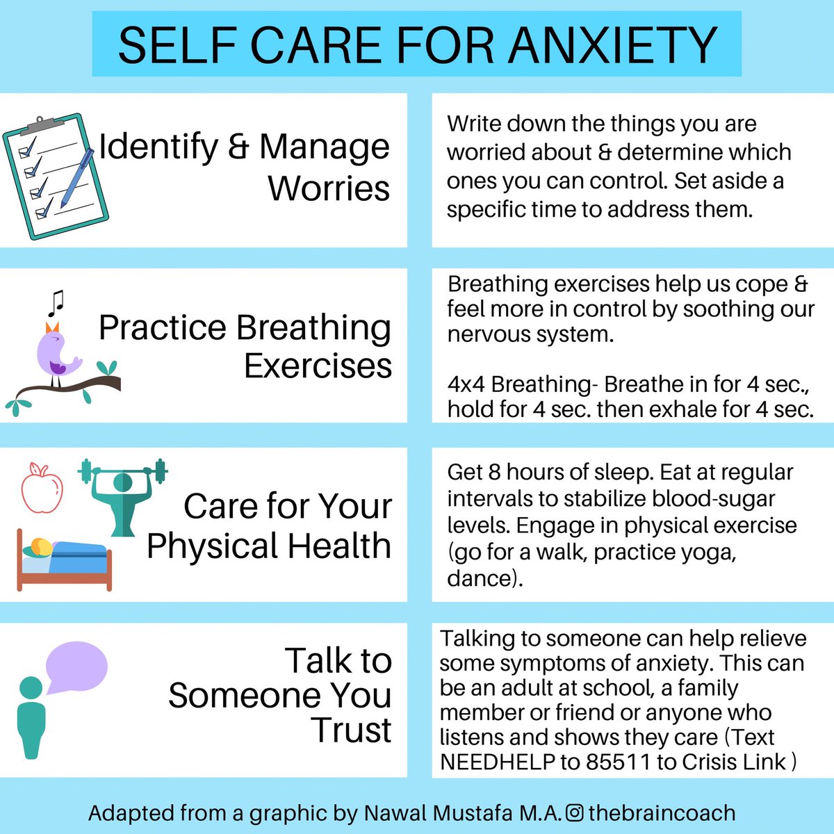 #tipfortoday for #sefcaresaturday. If you’re feeling anxious/overwhelmed these are some a daily practices that can help to lower your stress levels. It’s a combination of taking care of your body and your mind #mentalhealth #anxiety <a href="/fcpsnews/">Fairfax Schools 🌟</a>