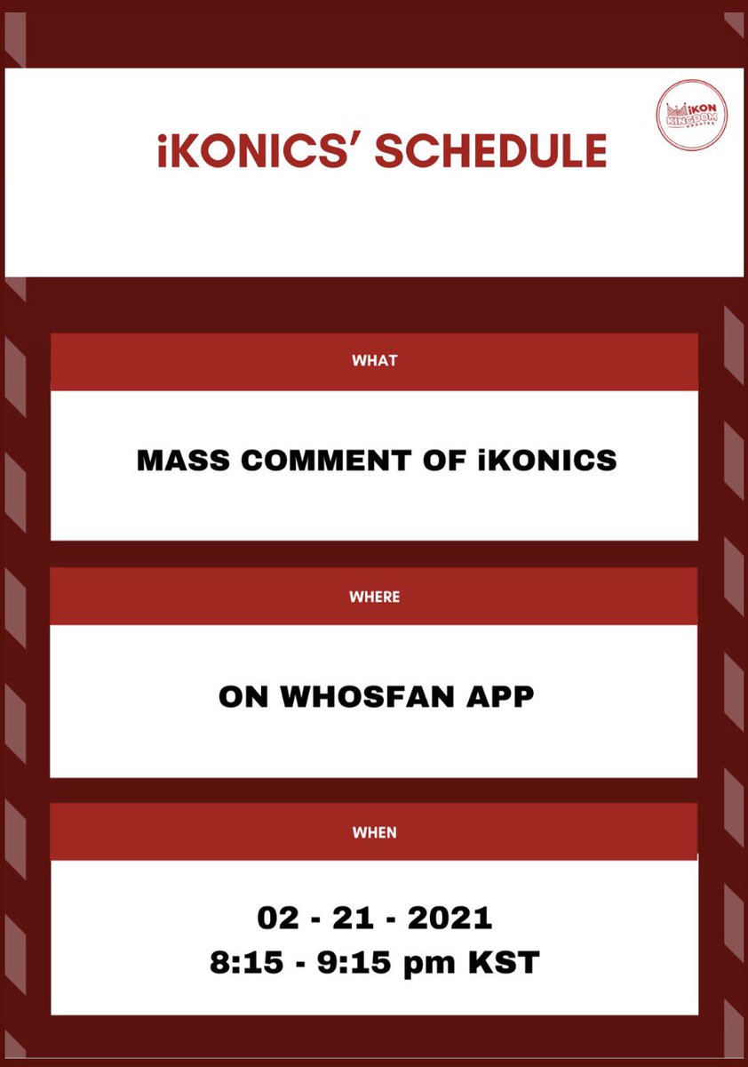 iKONSUNIVERSE_'s tweet photo. 📢
[WHOSFAN]

Hello iKONICS 

Save the schedule!
"MASS COMMENT"
<8:15pm-9:15pm KST>

Please use all your available accounts. This is a warm-up for 23rd Global Live Voting for KINGDOM.

NB:- Use only upto 30 credits.
Spend your credits wisely, we will need it in the future! https://t.co/s0mFZdloZc