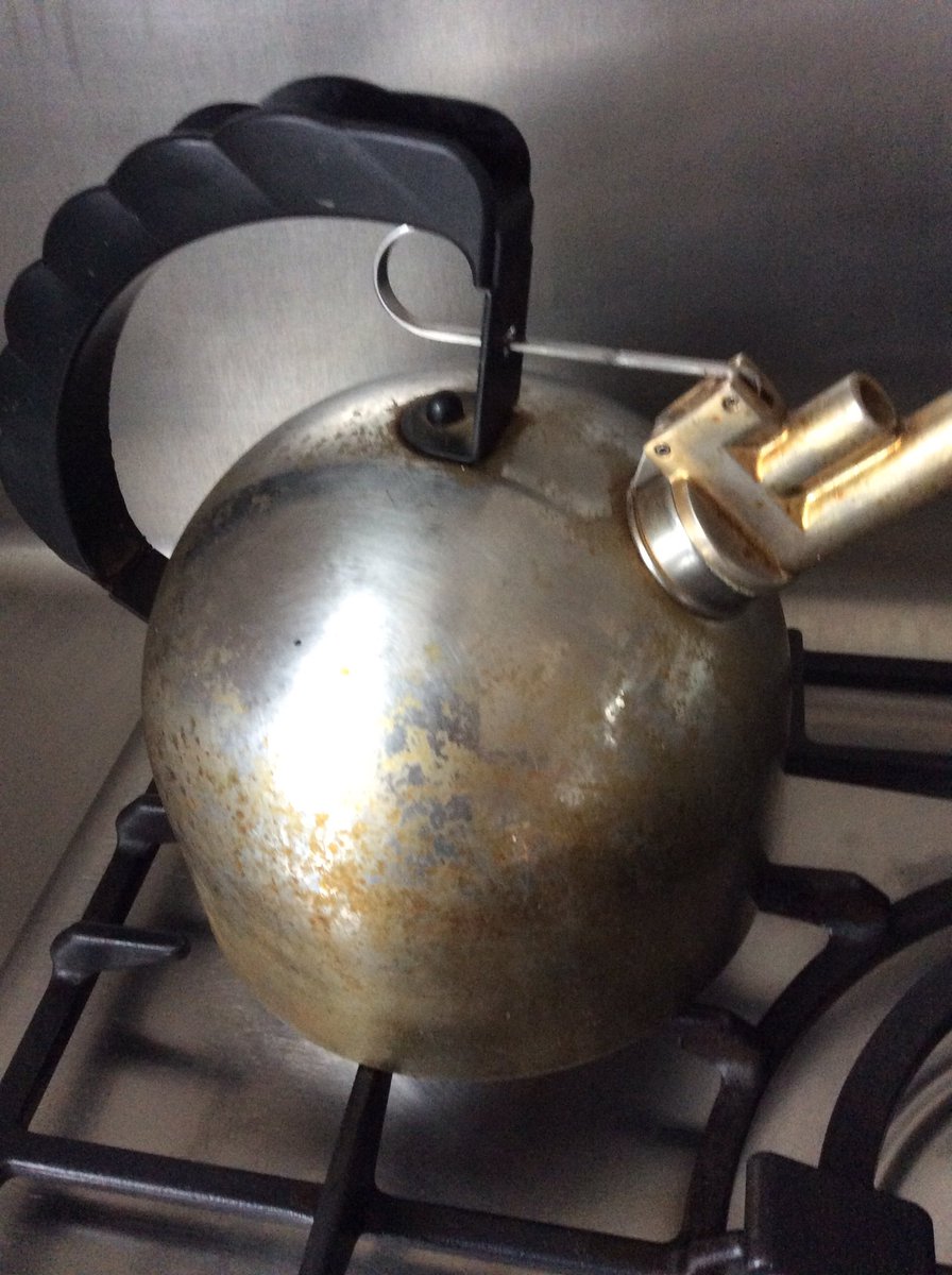 dreas1's tweet photo. @IamKathrynGrace @morganknutson It’s an awful kettle; massively expensive, inefficient, impossible to keep clean, the whistles sound asthmatic, the handle melts, the spring breaks, the lid lever will burn you, I’m confident alessi never user tested it. This is a picture of mine (it’s 13 years old) and I love it https://t.co/V6jApJekwX