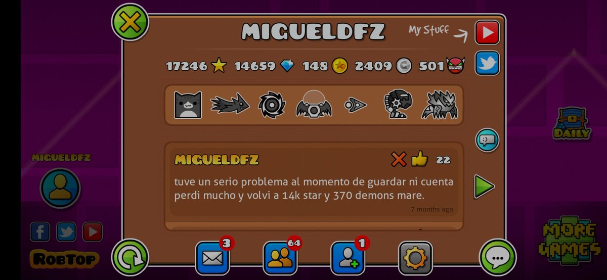 MiguelDFZ_GD's tweet photo. Tengo mucho tiempo sin jugar el GD no se que pueda hacer :'( https://t.co/kg09b7PemO