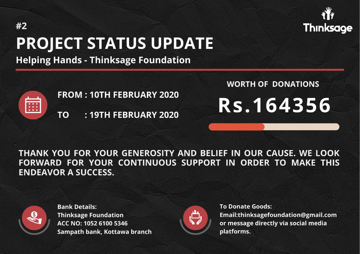ThinksageSL's tweet photo. From 10th  to 19th February of 2021, we have been able to raise Rs 164,356 for the Helping Hands project. 
Your donations have lifted our spirits. Thank you for belief in our cause. We look forward for your continuous support in order to make this endeavor a success. ♥️ https://t.co/fClAujiQar