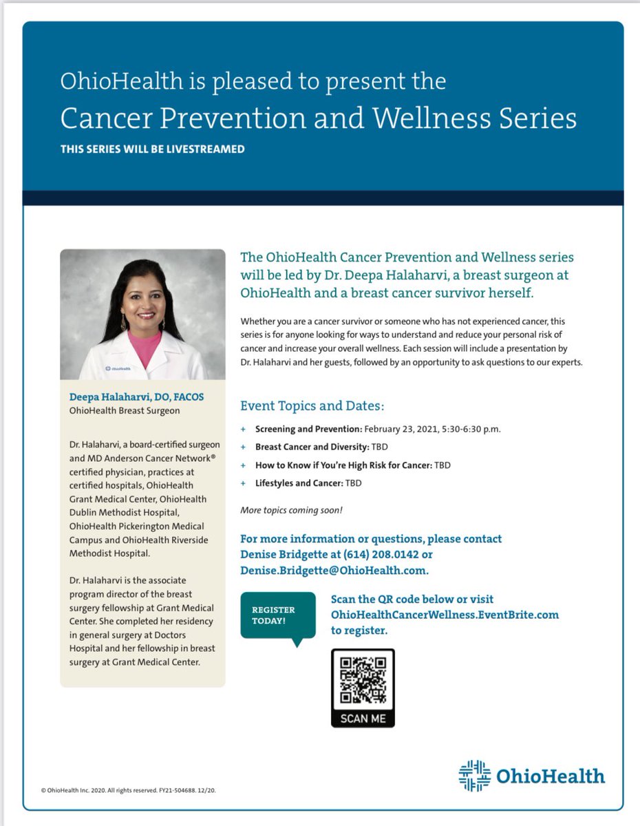 Please join me for a free, virtual talk on, “ Breast cancer screening and prevention” on Feb 23rd from 5:30-6:30 pm ET. 
Click on the link to register.
eventbrite.com/e/ohiohealth-v…

#Ohiohealth#Breastcancerscreeningandprevention.