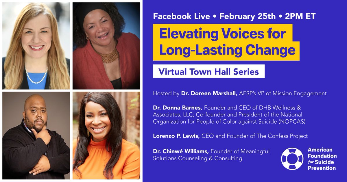 Please join us for our upcoming Elevating Voices for Long-Lasting Change Town Hall: Strengthening Mental Health Support and Connection within the Black Community! 

Tune in on February 25th at 2 pm ET at facebook.com/afspnational