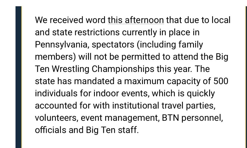 mike_amine's tweet image. ⁦@B1GWrestling⁩ ⁦@bigten⁩ ⁦@Hawks_Wrestling⁩ ⁦@wrestlingbucks⁩ ⁦@pennstateWREST⁩ ⁦@IndianaWR⁩  Can we please consider swapping the Big Ten tournament this year to perhaps Iowa so that parents can watch their sons compete possibly the last time.