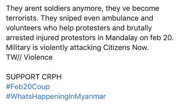 BurmeseRuby's tweet photo. They arent soldiers anymore, they ve become terrorists. They sniped even ambulance and volunteers who help protesters and brutally arrested injured protestors in Mandalay on feb 20. Military is violently attacking Citizens Now.
TW// Violence 

SUPPORT CRPH
#Feb20Coup https://t.co/8tu5OWE0hj