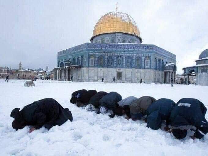 فلسطينيون يُصلون وسط الثلوج وقبة الصخرة تتزين بالجليد