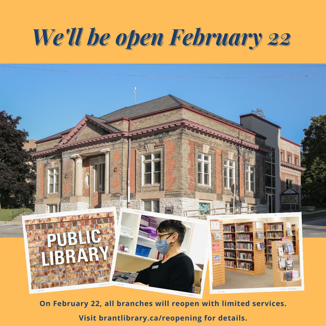 brantlibrary's tweet photo. On Monday, February 22, we'll reopen for in-branch service with limited hours and services. For full details please visit https://t.co/peBwBksoCx
#BeWellBrant #WeCantWaitToSeeYou #Reopening https://t.co/Z7w4MfYiKl