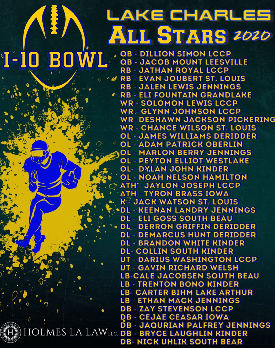 FLHarrison3's tweet photo. Congratulations to the following Seniors 🏈........Even though there’s no game, the selection committee voted to select a team. #I-10bowl #lakecharles #allstars Thanks @speedkillsfb for the graphic!!! Thanks Attorney BobbyHolmes for being this year sponsor!!! https://t.co/9P2YA59zpw