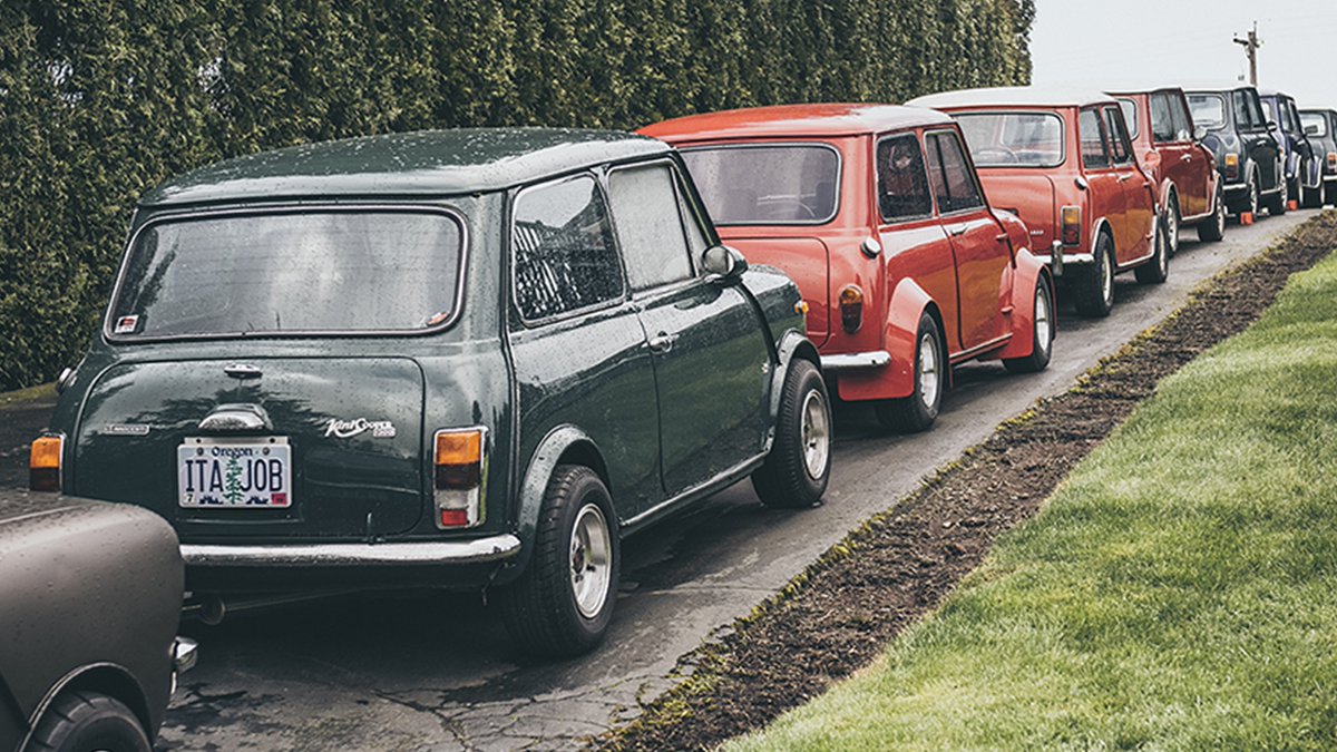 MINI's tweet photo. If cars could conga… #ClassicMini https://t.co/58QkTsCsaX
