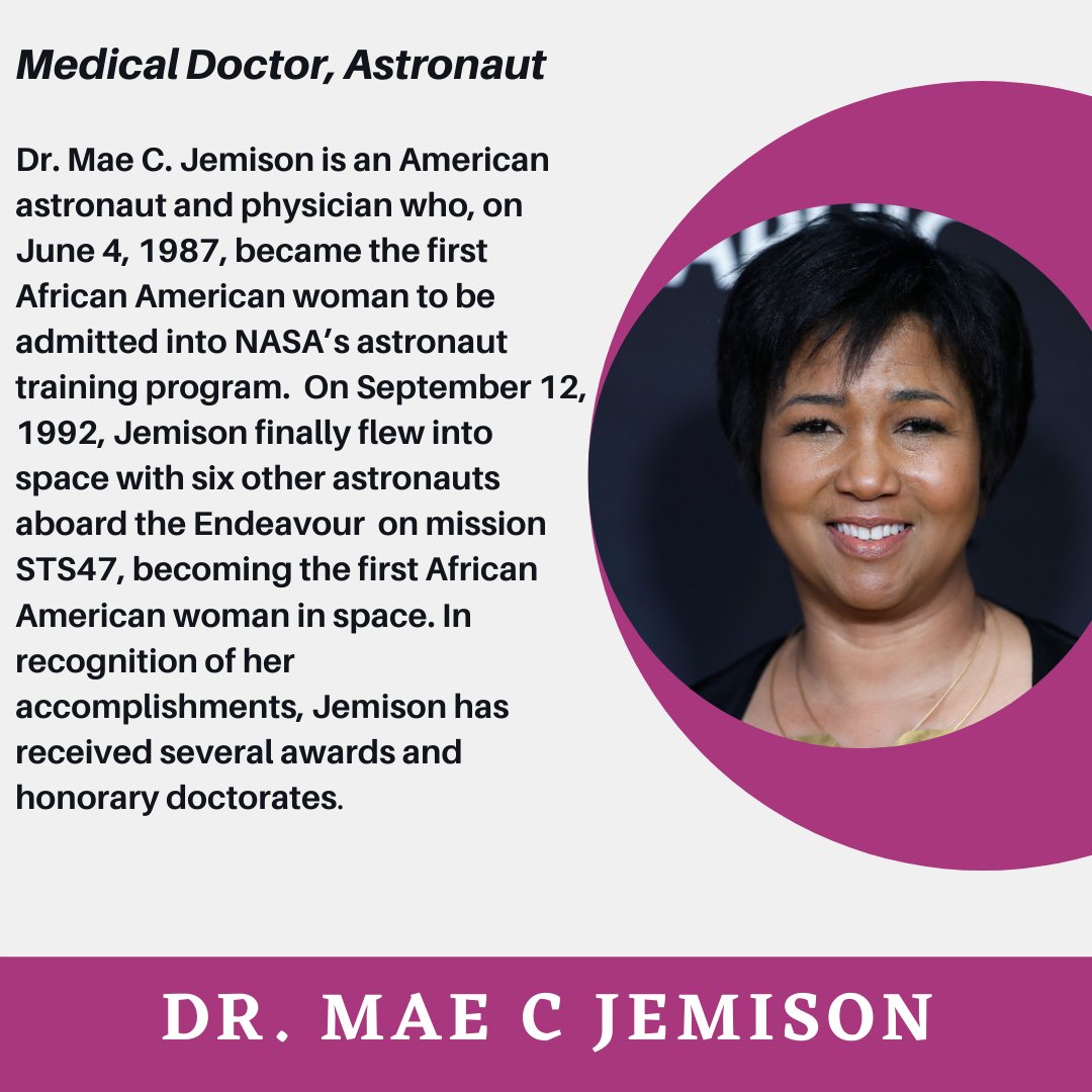 KoutureTees's tweet photo. Dr. Mae C. Jemison is the first African American female astronaut. In 1992, she flew into space aboard the Endeavour, becoming the first African American woman in space. #BlackHistoryMonth #BlackWomenPioneers #BlackDoctors #MaeCJemison https://t.co/kJJ3b1B2se