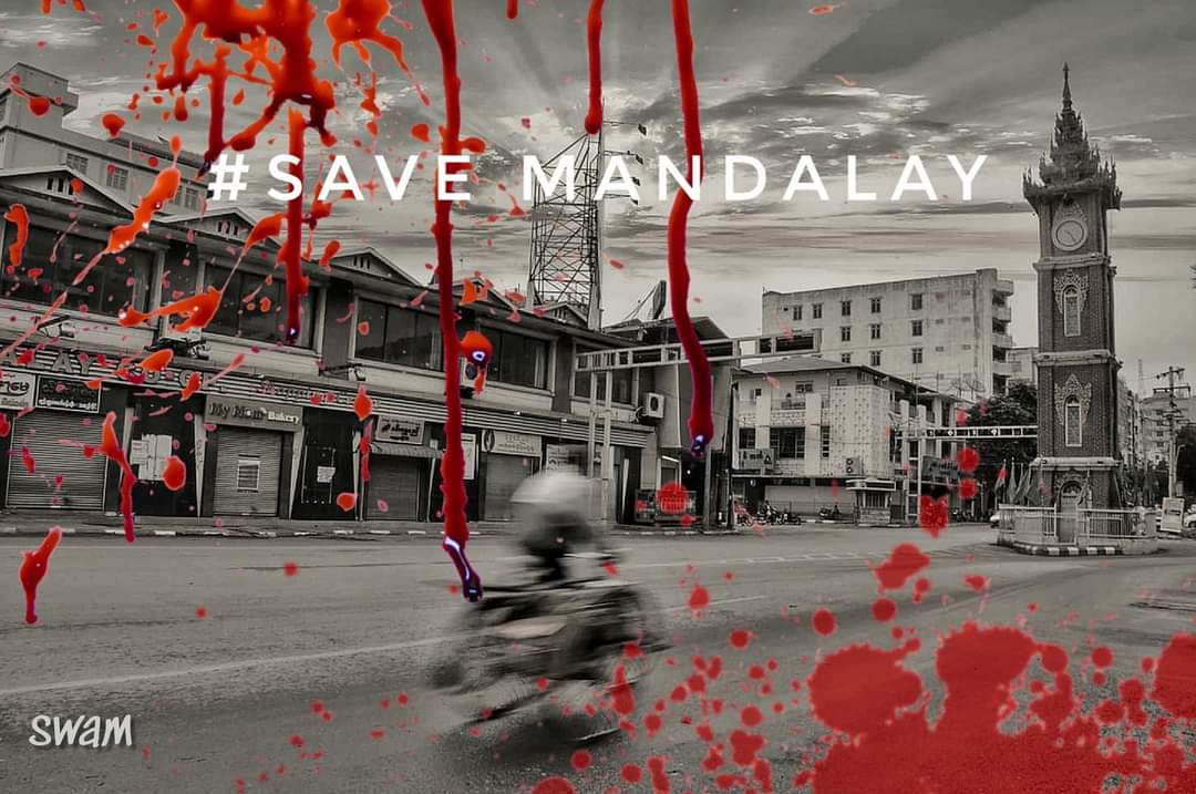 InGyin25755930's tweet photo. This is not internal affair. This is not Civil War. This is injustice act of the Myanmar Military on the peaceful unarmed protestors. This is a war crime.
#prayformandalay 
#rejectthemilitarycoup 
#whatshappeninginmyanmar 
#warcrime https://t.co/NOupwlIXZZ