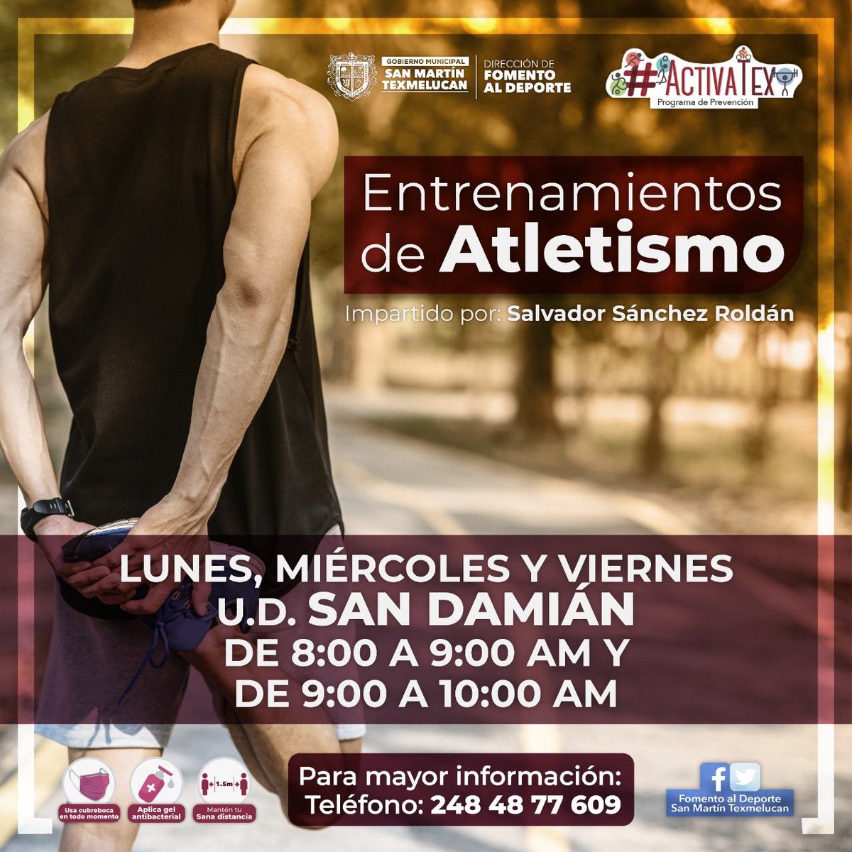 NormaLayon's tweet photo. #BuenSábado a todas y todos, este lunes 22 de febrero #ActivaTex con las clases gratuitas de Atletismo con el Coach Salvador Sánchez Roldán.
A través de @DeporteGobTex, continuamos promoviendo la activación física segura en #Texmelucan.
¡Te esperamos! 🏃🏻♀️ 🏁 🏃🏼 https://t.co/X4xpzNuccH