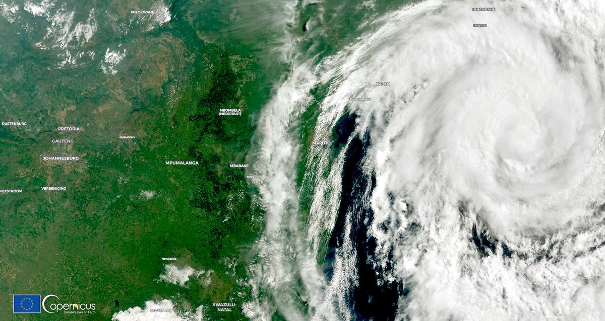 defis_eu's tweet photo. #EUSpace for global monitoring
A month after Cyclone #Eloise swept into southern Africa, a new tropical cyclone, named #Guambe, is on its way
It is intensifying and is expected to bring heavy rains & floods in #Mozambique, including Maputo
#Sentinel3 🇪🇺🛰️ image acquired today https://t.co/jqsgzaPPSI