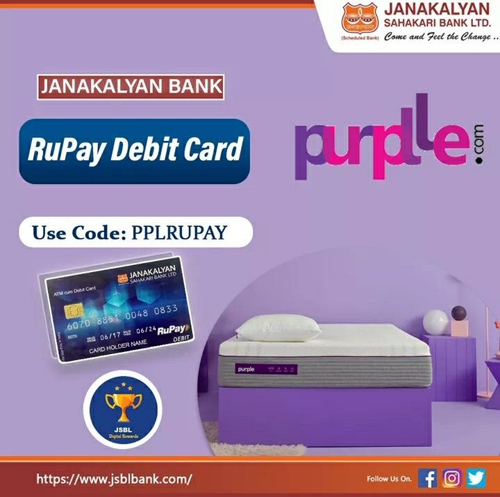 @RuPay_npci @Purple
#Purple #RuPay #DebitCard #DigitalReward #JanakalyanSahakariBank #JSBLBANK
To know more click: rewards.jsblbank.com