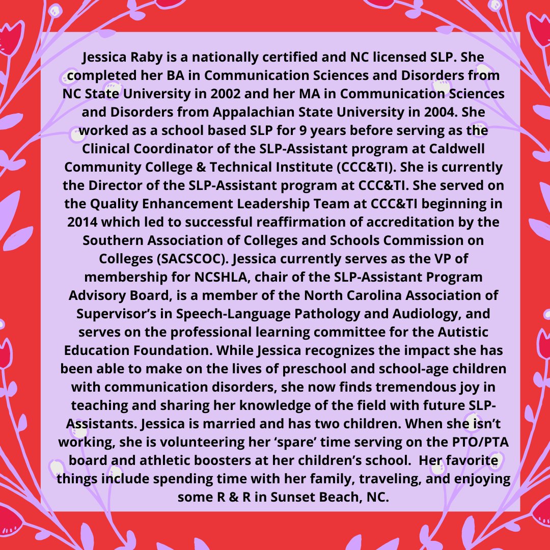 NCSHLA's tweet photo. Meet Jessica Raby, our VP of Membership! #ncshla #slp #slpa #speechlanguagepathology #advocacy #leadership https://t.co/f6vuft1bz5