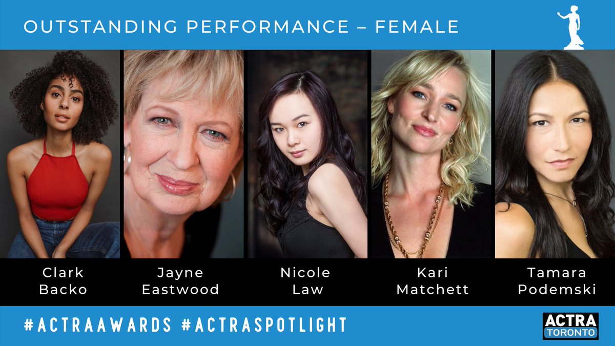 The countdown to the #ACTRAAwards is on and today we shine our #ACTRAspotlight on the talented nominees for Outstanding Performance - Female! Join us tomorrow (Feb. 21st) at 8pm on our YouTube channel for the #ACTRAAwards! More info: actratoronto.com/actra-awards-i…
