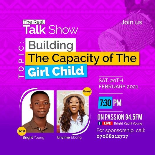 Passion945fm's tweet photo. Don't miss the "Real Talk Show" tonight!
We'll be having Mrs Unyime Ebong as #Guest, she's an Entrepreneur, and Strategist. Loves to advocate for the girls.
Join us on PASSION 94.5 FM by 7:30pm as we share deeply on the "capacity of the girl child".
#realtalkshow
#PassionFM https://t.co/SO4rfju4N5