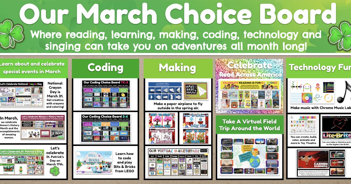 It's Time For Our March Choice Board, Friends! 🍀📚

You will find the links to share with students &amp; to make changes here in this post. 

buff.ly/2NHtuoU  #futurereadylibs #tlchat #iowatl #edchat #edtech #librarylife #ISTElib #coding #arted #readingisforeveryone #elemed