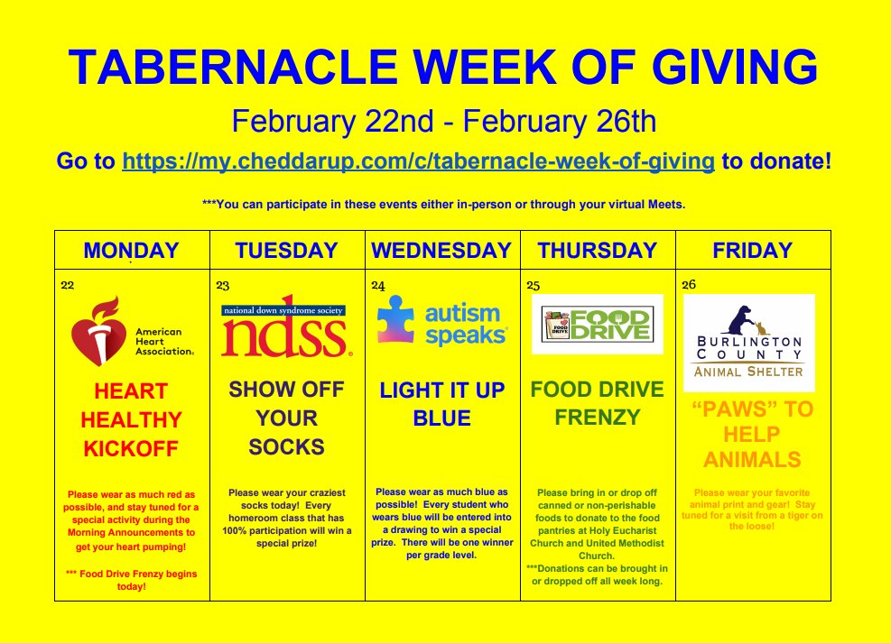 Excited to announce the first-ever <a href="/Tabschools/">Tabernacle Schools</a> Week of Giving!  Half of all proceeds go to the OMS Playground Project &amp; the other half gets split among the amazing charities detailed in the flyer!  Go to my.cheddarup.com/c/tabernacle-w… to donate! #TigerStrong <a href="/TESMusicRoom/">Ms. Czekay</a>