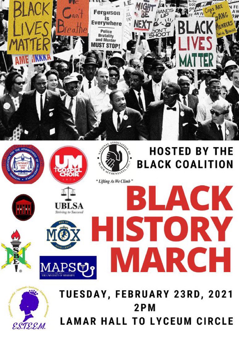 um_esteem's tweet photo. Please join us for the annual Black History Month March in collaboration with the Black Coalition on February 23rd at 2 PM starting at Lamar Hall! Masks are required and social distancing will be strictly enforced! Hope to see you all there! https://t.co/BXKxS9JbAx