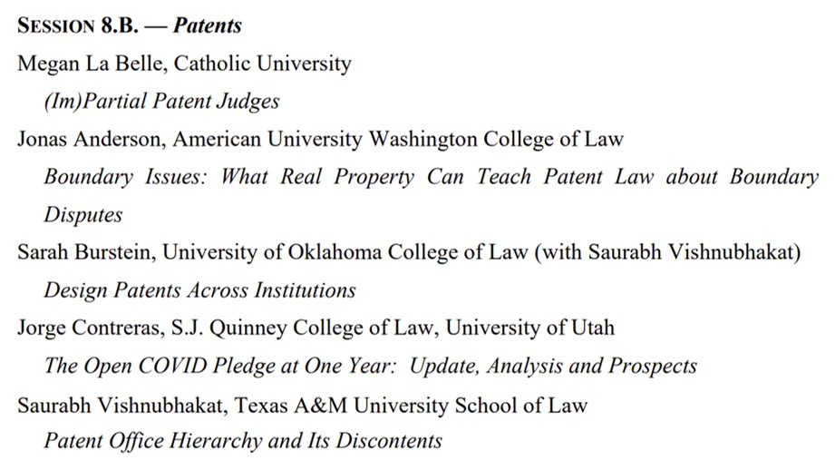 TAMUclip's tweet photo. .@TAMULawSchool @emptydoors presents Patent Office Hierarchy and Its Discontents at #WIPIP2021 and Design Patents Across Institutions with @design_law @UofOklahomaLaw - joining @MeganLaBelle1 @CathULaw Jonas Anderson @AUWCL and @contreraslegals @sjquinney https://t.co/3p5hRV23NZ https://t.co/isLrF0J2jI
