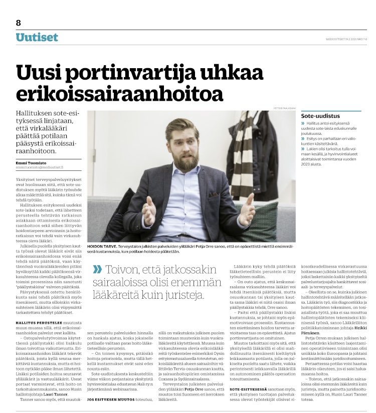 Petri Bono (@bonopetri) on Twitter photo HUSin hallintojohtaja <a href="/Lauri/">Lauri</a> Tanner, Lääkäriliiton <a href="/Heikki/">~</a> Pärnänen ja <a href="/Terveystalo/">Terveystalo</a> <a href="/petjaorre/">Petja Orre</a> ovat huolissaan samasta asiasta- sairauksien hoitopäätöksistä ei saa tulla valituskelpoisia hallintopäätöksiä. Sote-esityksessä linjataan nyt näin. Kiire korjata. HUSin hallintojohtaja <a href="/Lauri/">Lauri</a> Tanner, Lääkäriliiton <a href="/Heikki/">~</a> Pärnänen ja <a href="/Terveystalo/">Terveystalo</a> <a href="/petjaorre/">Petja Orre</a> ovat huolissaan samasta asiasta- sairauksien hoitopäätöksistä ei saa tulla valituskelpoisia hallintopäätöksiä. Sote-esityksessä linjataan nyt näin. Kiire korjata.