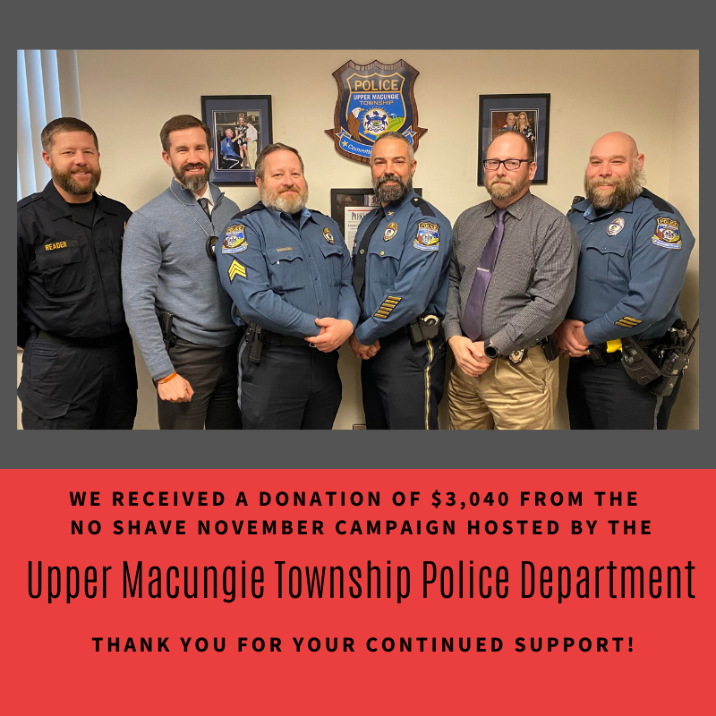 Lieutenant, Peter Nickischer of the <a href="/UpperMacungiePD/">Upper Macungie Police</a> organized a No Shave November campaign, “Let it Grow”.    Through the generous support of the community, they quickly surpassed their goal and raised $3,040! We are so grateful for your support! 

#communityhelpingcommunity