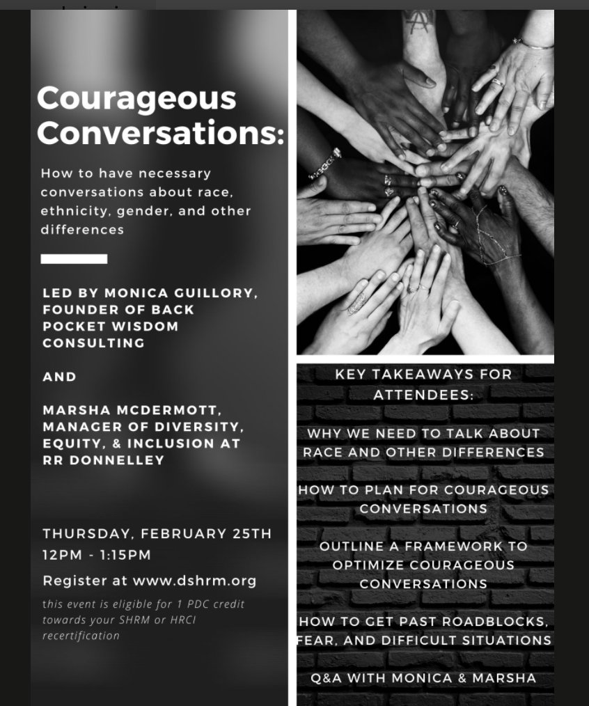 SHRMDu's tweet photo. Join #DSHR @SHRMDu this Thursday 2/25 for a continuation of this #CourageousConversations with @MoniHRG of Back Pocket Wisdom Consulting
Register at https://t.co/anVXhvih8P
#DEIB #Diversity #Inclusion #HRCommunity #DSHRM #PDC #CEU #HR https://t.co/wlByXvYOSO