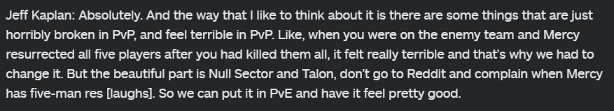 Overbuff's tweet photo. Kaplan on adding abilities in the Overwatch 2 PvE modes that don't feel good in PvP:

"The beautiful part is Null Sector and Talon don't go to Reddit and complain when Mercy has five-man res [laughs]. So we can put it in PvE and have it feel pretty good." https://t.co/wFrqVIkwvh https://t.co/zi9t9ZMfvE