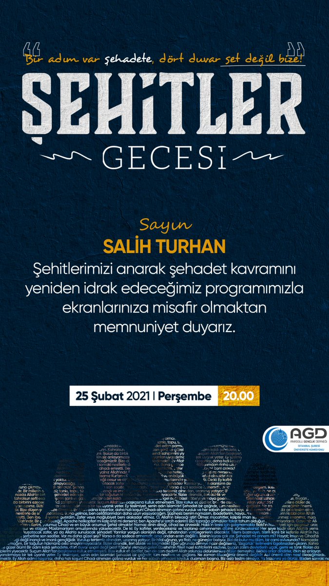 Şehitlerimizi yâd edeceğimiz ve şehadetin manasını bir kez daha idrak etmeye çalışacağımız bu program için İstanbul Şube Üniversite Komisyonumuzu tebrik ediyorum.

#SehitlerGecesi21 <a href="/4fakulte/">4Fakülte</a>