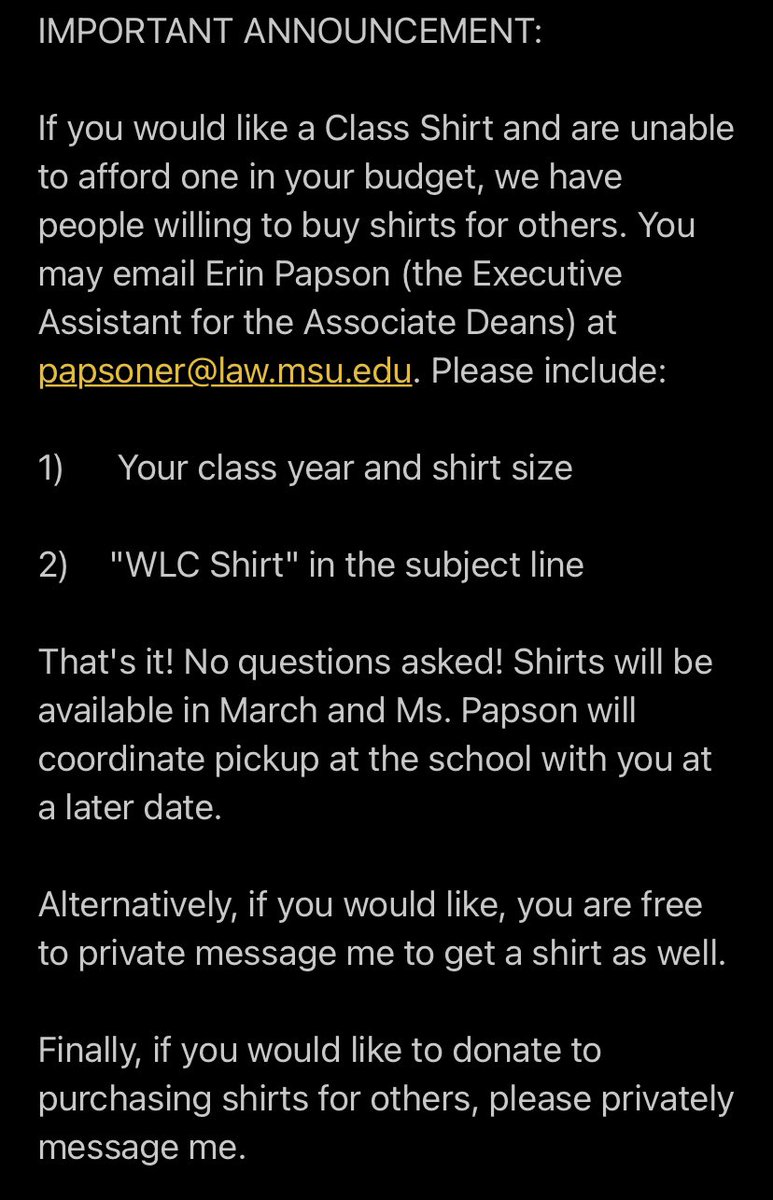 dremsu's tweet photo. MSU Law Students: class shirts for students who don’t have the funds available. See photo. Shirt purchase and donations: https://t.co/WSBAwYtk7k 
@Dean_MBJ @PhilPucillo @ProfBrianKalt https://t.co/TeALte4LVP