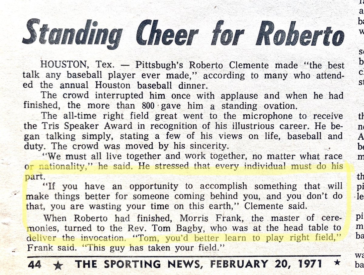 DannyT21's tweet image. #OTD in 1971, upon receiving the Tris Speaker Award at a Houston, Texas dinner, Roberto Clemente received a standing ovation. Here’s an article in The Sporting News and below are the EXACT words to that inspirational quote always attributed to “The Great One.” 50 yrs ago...WOW!