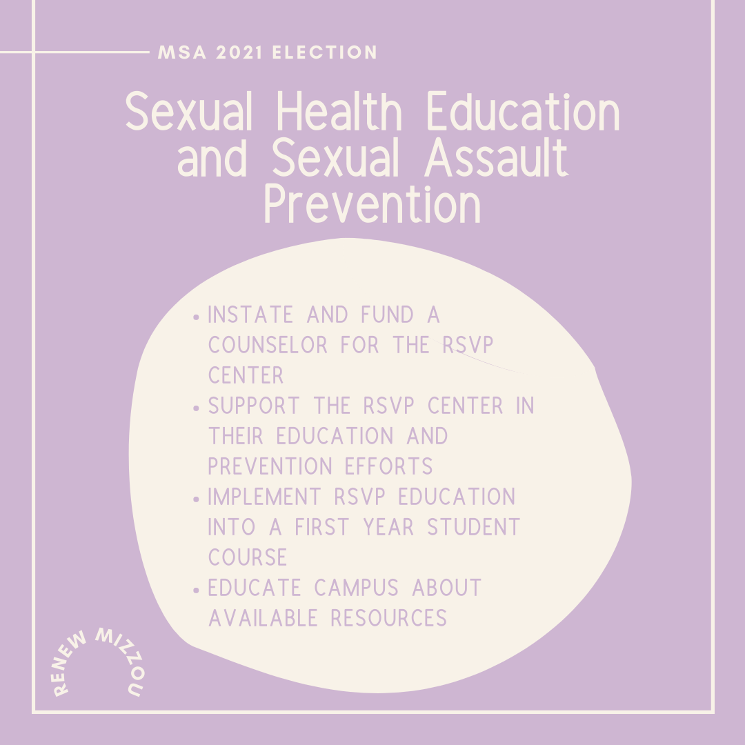 RenewMizzou's tweet photo. The final platform of our campaign is Sexual Health Education and Sexual Assault Prevention. Renew Mizzou is committed to making the university a leader in sexual violence prevention and support. https://t.co/cdrmRMv3rd