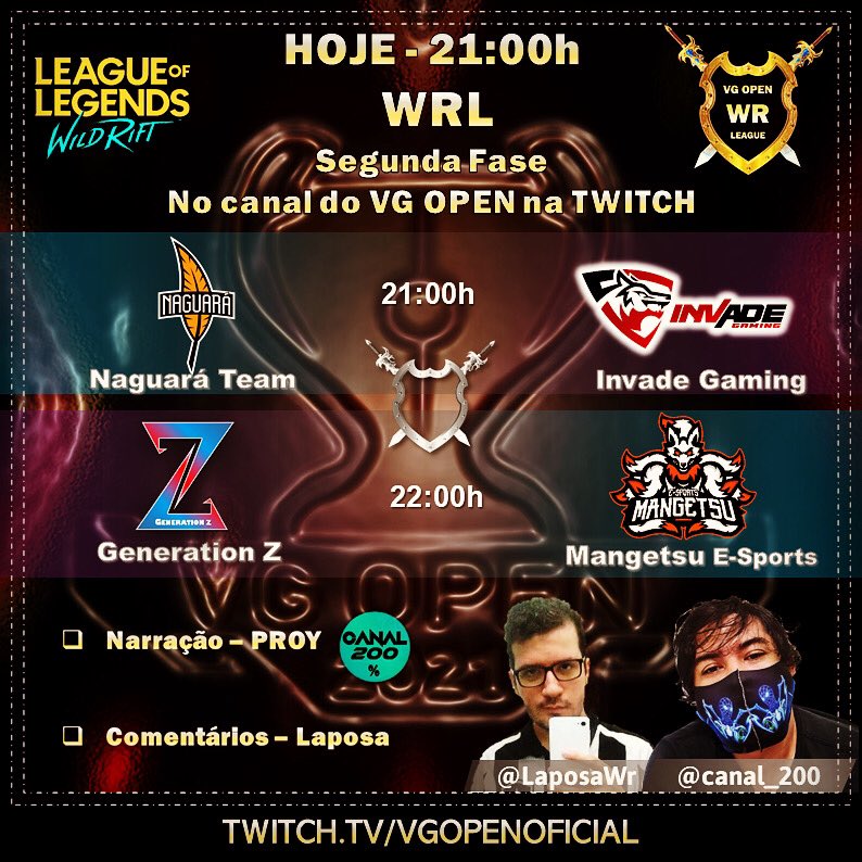 VGOPENOFICIAL's tweet photo. Hoje temos mais dois grandes confrontos valendo vagas para a fase final!
21h - @naguarateamoficial X @goinvade
22h GenZ x @MangetsuESports
Nossos Casters Proy (@canal_200) @LaposaWr terão muito trabalho hoje.
#GoWRL
#asrock
#virusbier
#cmigraficaeeditora
#wildriftlolbr https://t.co/PeecBXHYEO