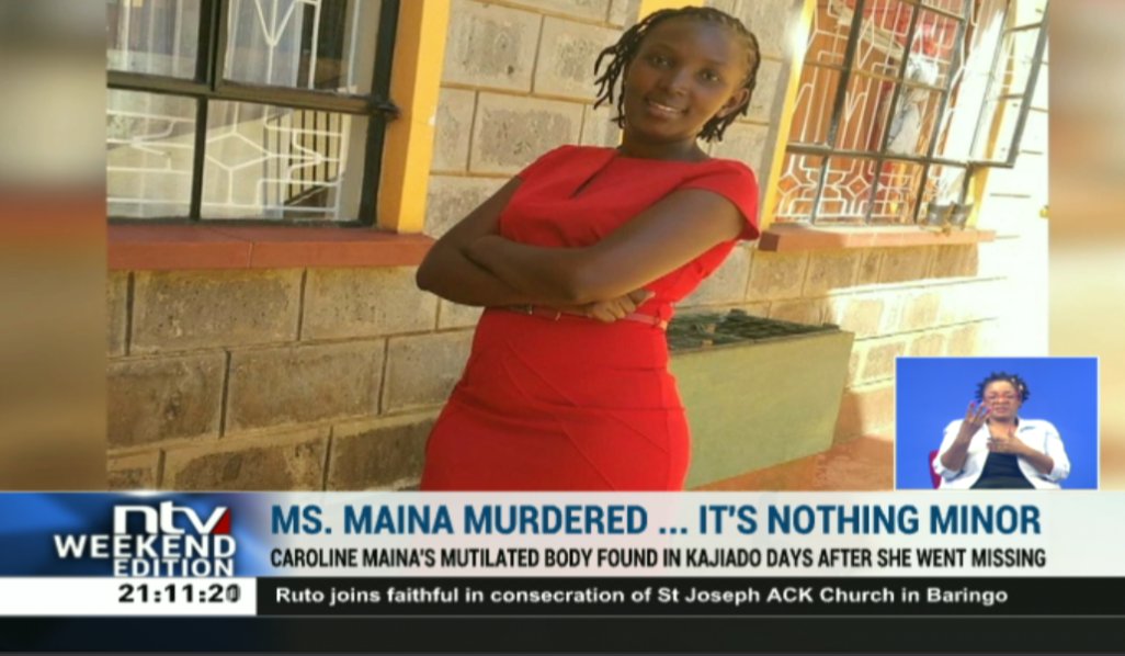NTV Kenya (@ntvkenya) on Twitter photo A Nairobi-based businesswoman, who went missing was on Friday has been found dead and dumped in Kajiado.
Police suspect that Caroline Maina could have been tortured as her body was mutilated and eyes gouged out.
#NTVWeekendEdition <a href="/OBurrows/">Olive Burrows</a> A Nairobi-based businesswoman, who went missing was on Friday has been found dead and dumped in Kajiado.
Police suspect that Caroline Maina could have been tortured as her body was mutilated and eyes gouged out.
#NTVWeekendEdition <a href="/OBurrows/">Olive Burrows</a>