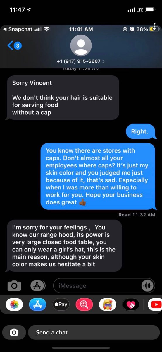 Screenshots from a conversation between my cousins good friend and the local Valley Center Panda Kitchen. Absolutely horrific to see, that after applying for employment he experienced point blank discrimination and racism. They have lost my business and any ounce of respect