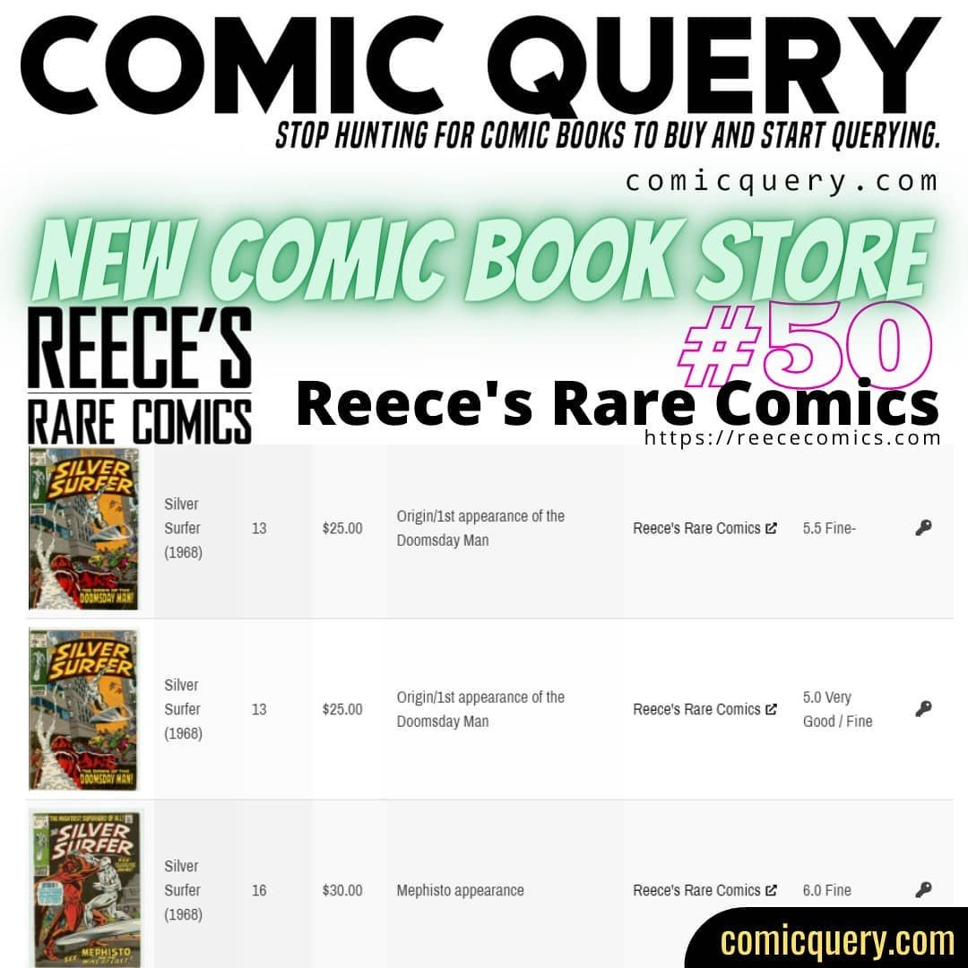 Comic_Query's tweet photo. Online comic book store #50 has been added to Comic Query. Comics from Reece's Rare Comics are now appearing within the https://t.co/ZPjCpT21w8 search results. #comicquery #comicbook #searchengine #silversurfer #wandavision #mephisto #reecesrarecomics https://t.co/yUHLutBzkM