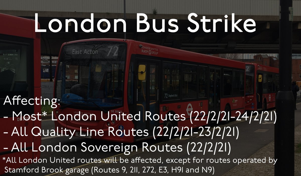 TransportLDN's tweet photo. Between 22/2/21 and 24/2/21, several bus routes in and around Central, North West, West and South West London will be affected due to strike action by RATP Group. A list of routes affected is attached below https://t.co/AzJybsGz5m