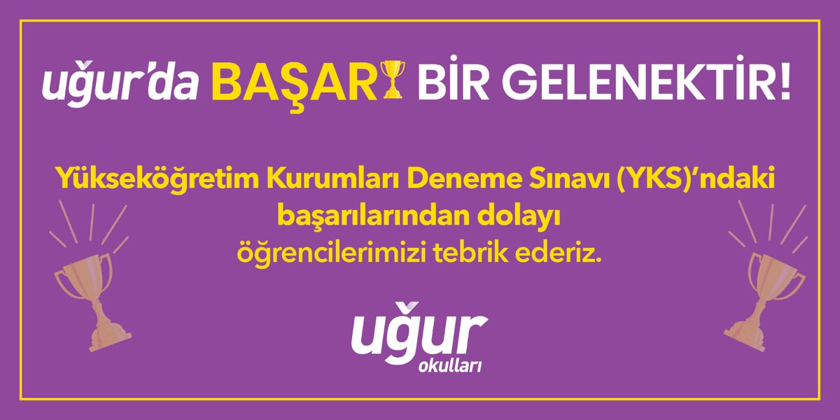 💜11.SINIF FEN LİSESİ💜
⭐Elif Bilge GÜZELTEPE ~TYT-45./ SAY-44. 
💜11.SINIF ANADOLU LİSESİ💜
⭐Çağla ÇALIŞKAN~EA-35./ SÖZ-77.
⭐Ayşe İrem ÜNAL~EA 79./ SÖZ-7.
Türkiye geneli <a href="/UgurOkullari/">Uğur Okulları</a> nda YKS 5 'te Fen Lisesi ve Anadolu Lisesi'nde 3 ayrı derece #ugurokullarimersinkampusu nden