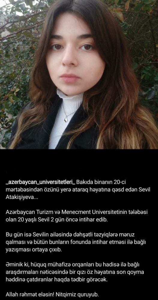Leila93_'s tweet photo. Bu cəmiyyətdə Oğlan övlad hər zaman #SEVILər, qız övlad yalnız ailəsinin istediyi kimi olduğu zaman....
Her iki halda Intihar deyil, cinayət! Ailəsi cəzalandırılsın. Bir çiçək soldu adı #Sevil https://t.co/gvktp8Mrkz
