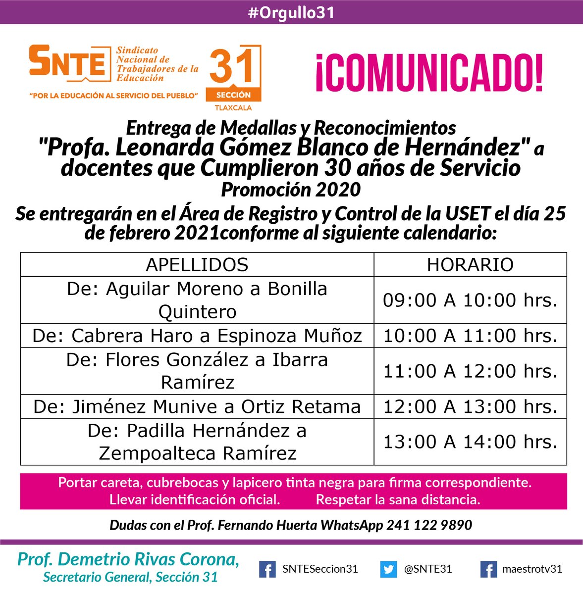 SNTE31Tlaxcala's tweet photo. Entrega de Medallas y Reconocimientos
"Profa. Leonarda Gómez Blanco de Hernández" a
docentes que Cumplieron 30 años de Servicio
Promoción 2020
Se entregarán en el Área de Registro y Control de la USET el día 25 de febrero 2021
#Orgullo31
#UnidosHagamosLaTarea https://t.co/xhjf5w3zAj