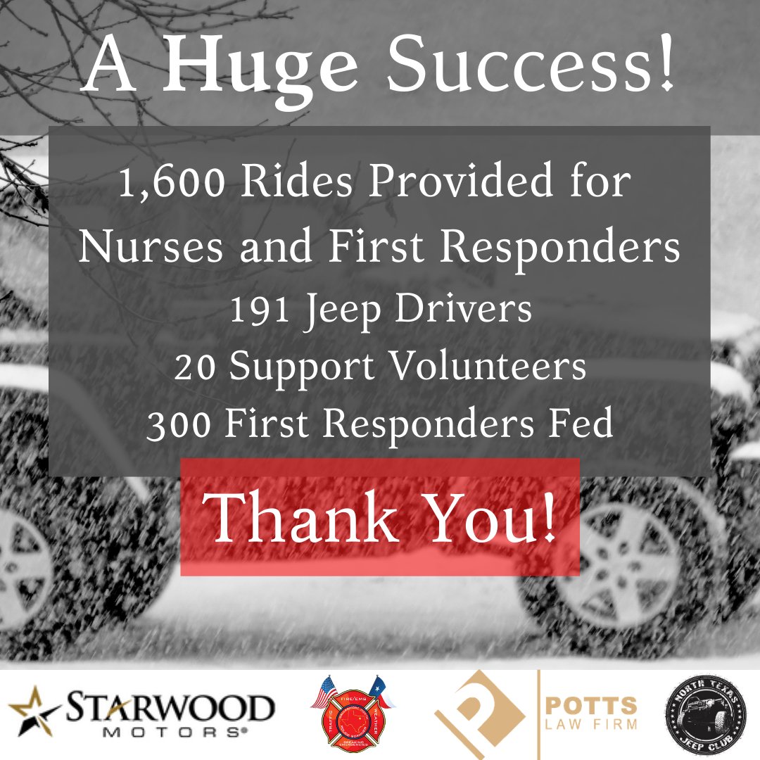 DFWscanner's tweet photo. Our free rides for first responders &amp; healthcare workers was a huge success. 191 Jeep drivers from the North Texas Jeep Club safely shuttled 1,600 frontline workers to &amp; from work. We also delivered food to 300+ first responders.

What a great community we have here in DFW! https://t.co/6yW7ZSSgUe