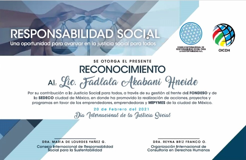 SedecoCDMX's tweet photo. En el marco del #DiaMundialdelaJusticiaSocial, nuestro titular @FadlalaAkabani, fue reconocido por @OTCCIRSS y el #OICDH, por el apoyo a las #MiPyMes de la #CiudadDeMéxico, durante su gestión en @FondesoCDMX y el desarrollo de proveedores y capacitación que reciben desde #SEDECO https://t.co/1ZmiFERl6r