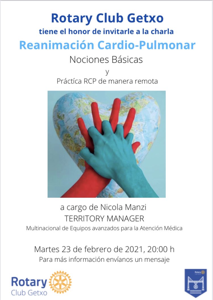 Únete@Online! Un taller organizado por Rotary club de Getxo! con la app y este taller gratuito, podrás ayudar y ayudarte en las técnicas de reanimación cardiovascular. Martes 23 a las 20h. Envía mensaje y facilitamos el enlace.