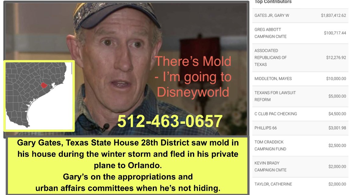 #TXST28 @GatesforTexas fled his home and his constituents during a blizzard because he saw mold. 

Gary that’s not how you fix mold. 

☎️512-463-0657

thedailybeast.com/another-gop-re…