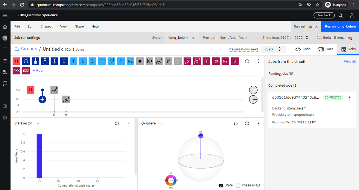 FernandoMeade's tweet photo. My first quantum circuit for entangled bell states run on actual quantum computer hardware thanks to @IBMResearch @qiskit and @qubitbyqubit it's been such a great course. #IBMQuantumExperience #CloudComputing https://t.co/ze0XxyoOtV