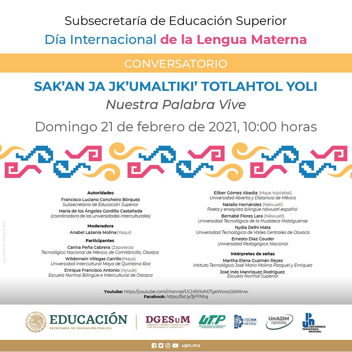 OBRENDCUT2020's tweet photo. Te invitamos al conversatorio "Nuestra palabra vive", el domingo 21 de febrero a las 10:00 hrs (Hora centro), en el marco del Día Internacional de la Lengua Materna.

📲Sigue la transmisión en vivo por:
Youtube: https://t.co/IWafUbtR17… 
Facebook: https://t.co/W8xG9F0Xc3 https://t.co/xaI3OoGT3I