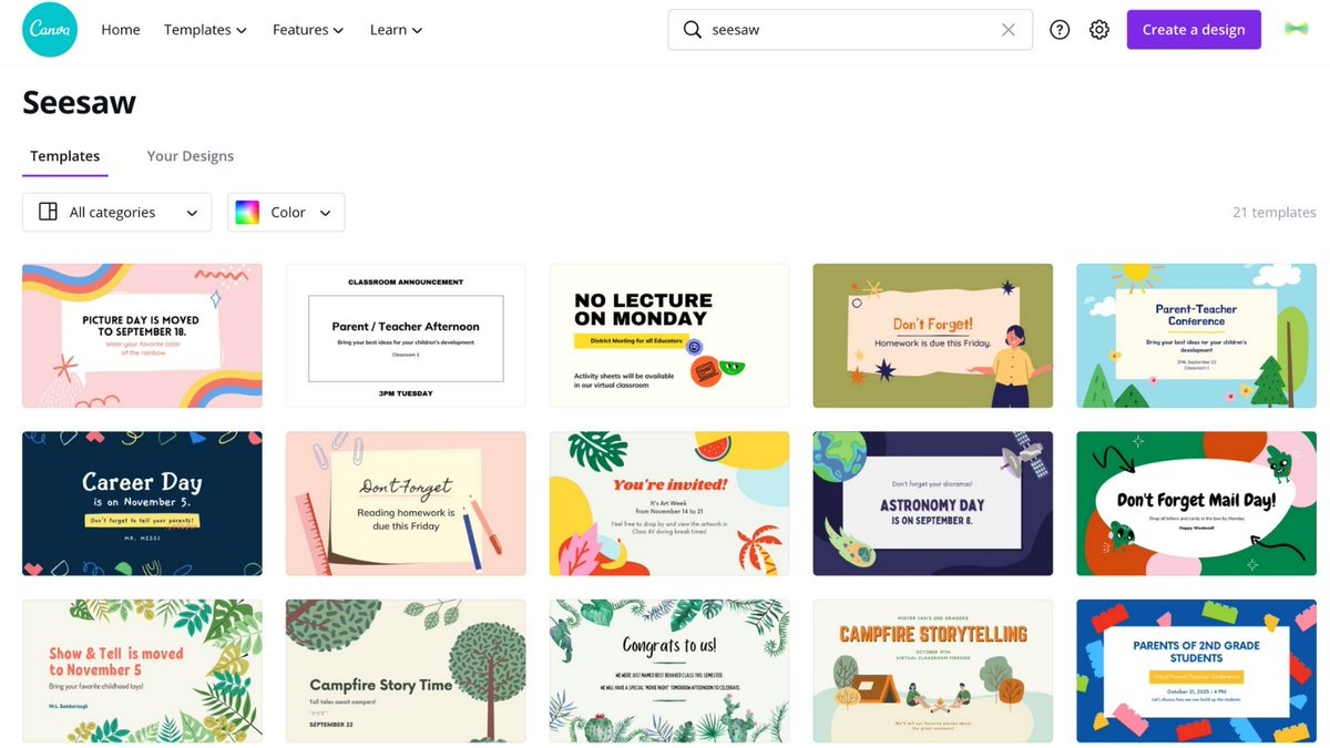 Seesaw's tweet photo. 🥳 @canva has designed 21 creative templates for educators using Seesaw!   

Access them free here: https://t.co/9eLfzlHHD6

Use templates for:
📬 Announcements
📰 Newsletters
💻 Activities
🚀 And more!

#seesawchat #distancelearning https://t.co/54PSgjNtML